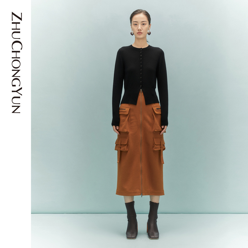 ZHUCHONGYUN通勤时尚圆领收腰修身简约羊毛针织开衫女士C1DE3785M