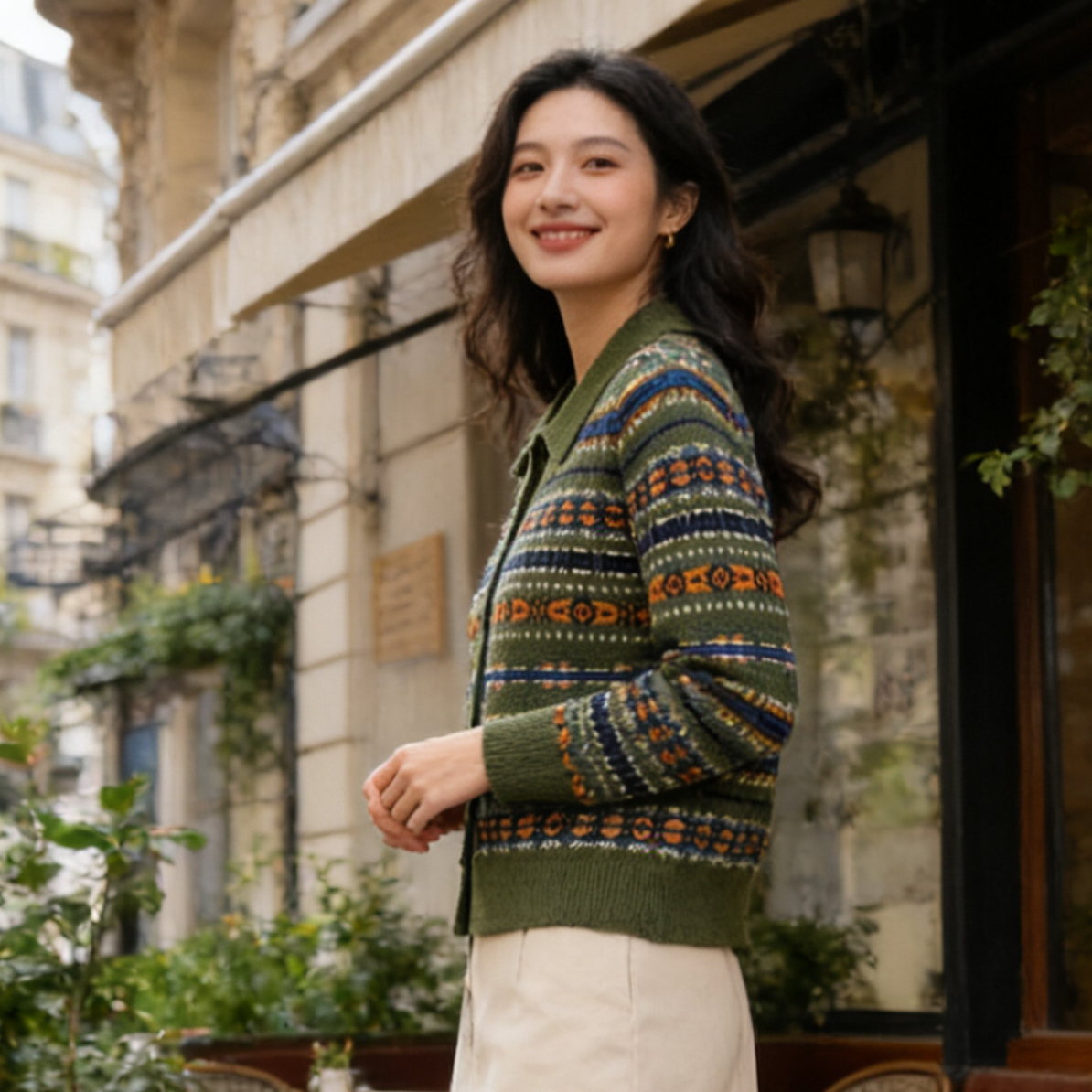 费尔岛开衫毛衣外套女秋冬新款条纹几何花色民族风针织上衣7146