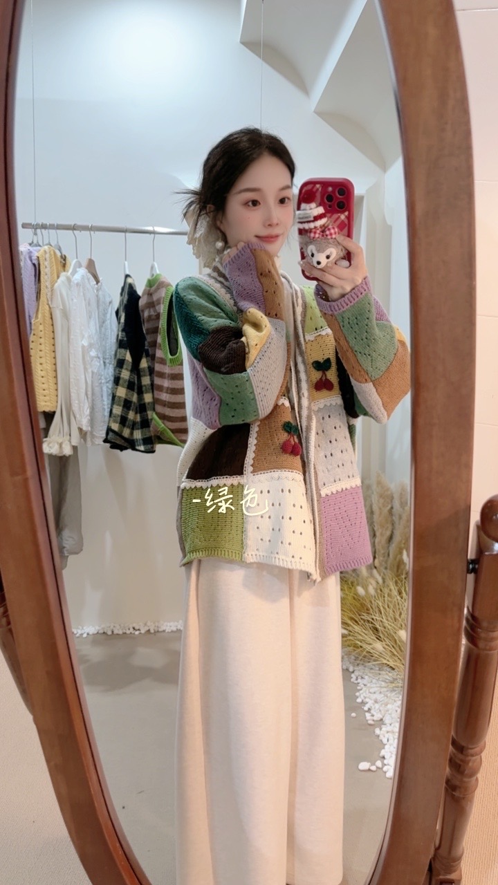 【幸运星】森系新款V领撞色钩花开衫针织毛衣外套女甜美