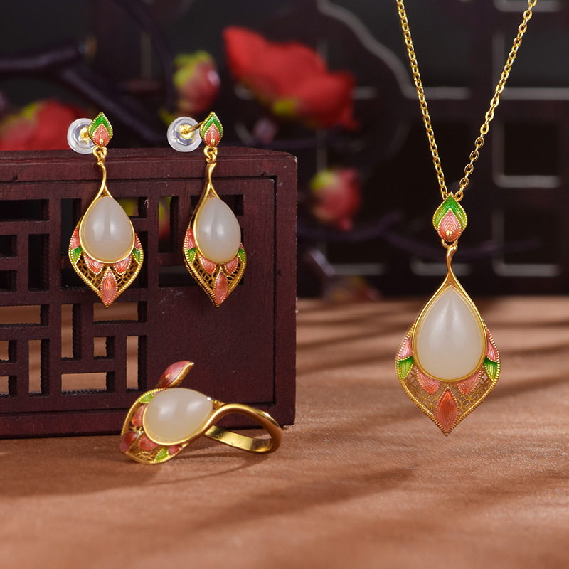 【织漫珠宝】S925银镶天然和田玉《凤尾》珐琅国潮项饰耳饰戒指手饰套