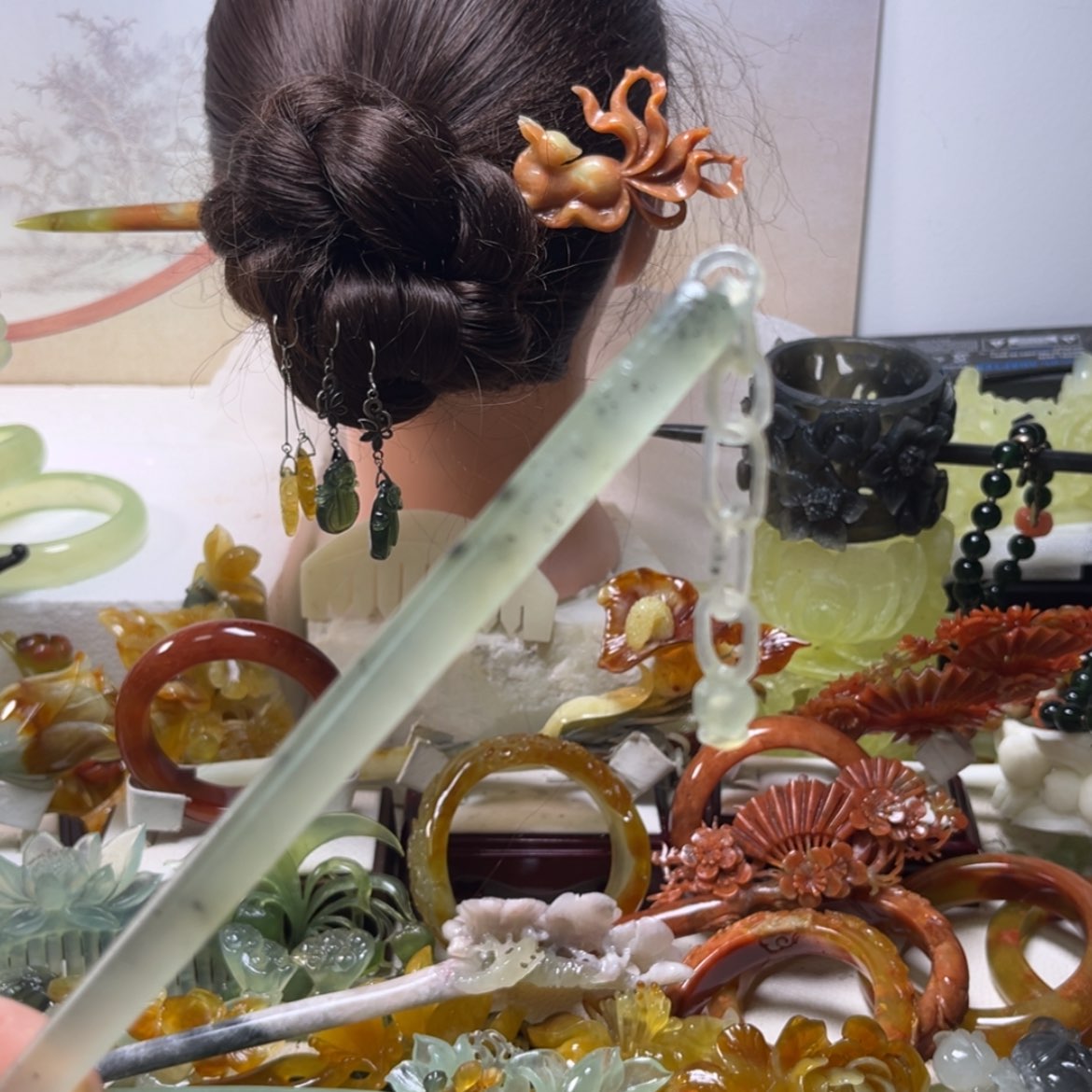 【闪购商品】蛇纹石玉发饰合金