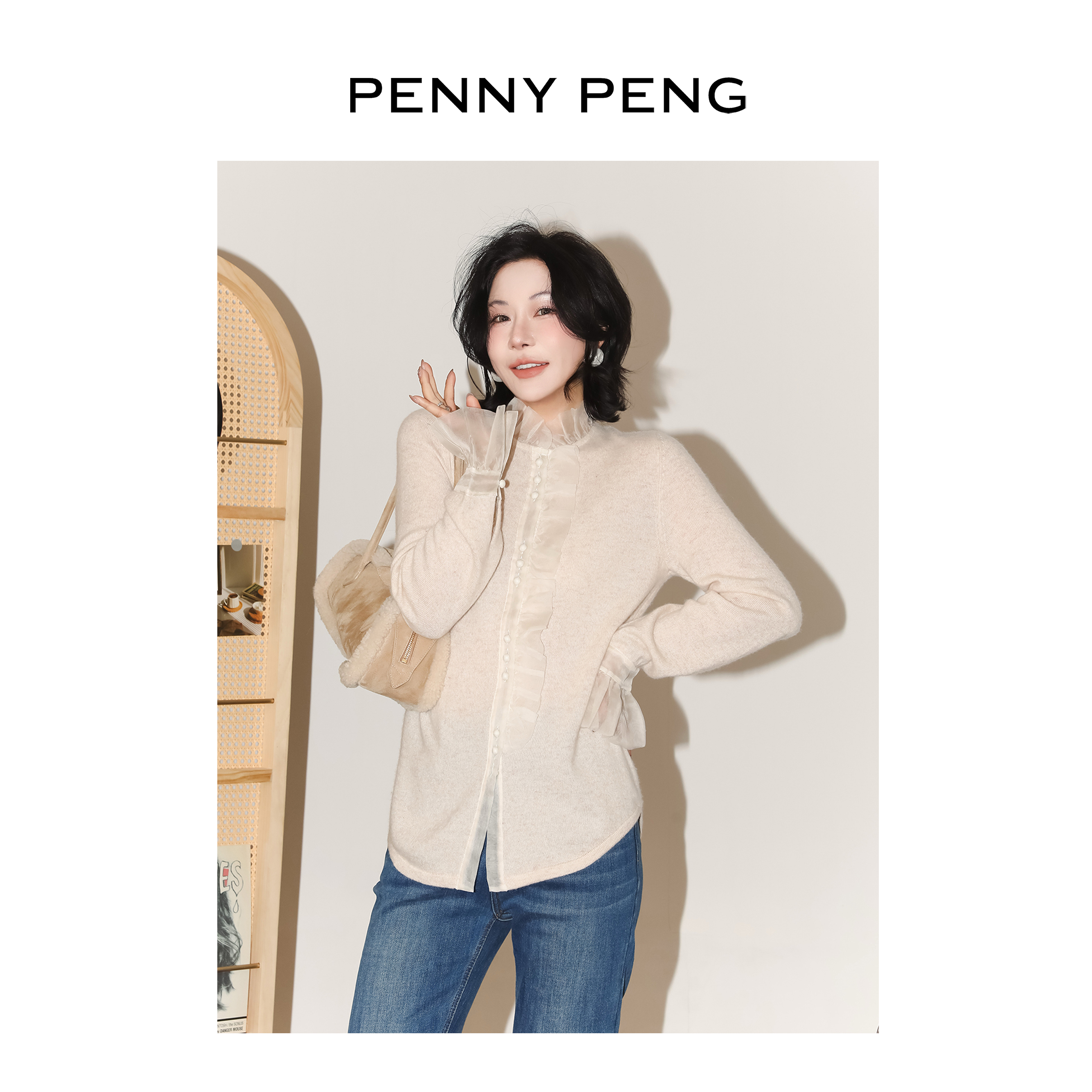 PENNYPENG折枝月桂 黑标系列欧根纱拼接双股28支羊绒气质长袖开衫