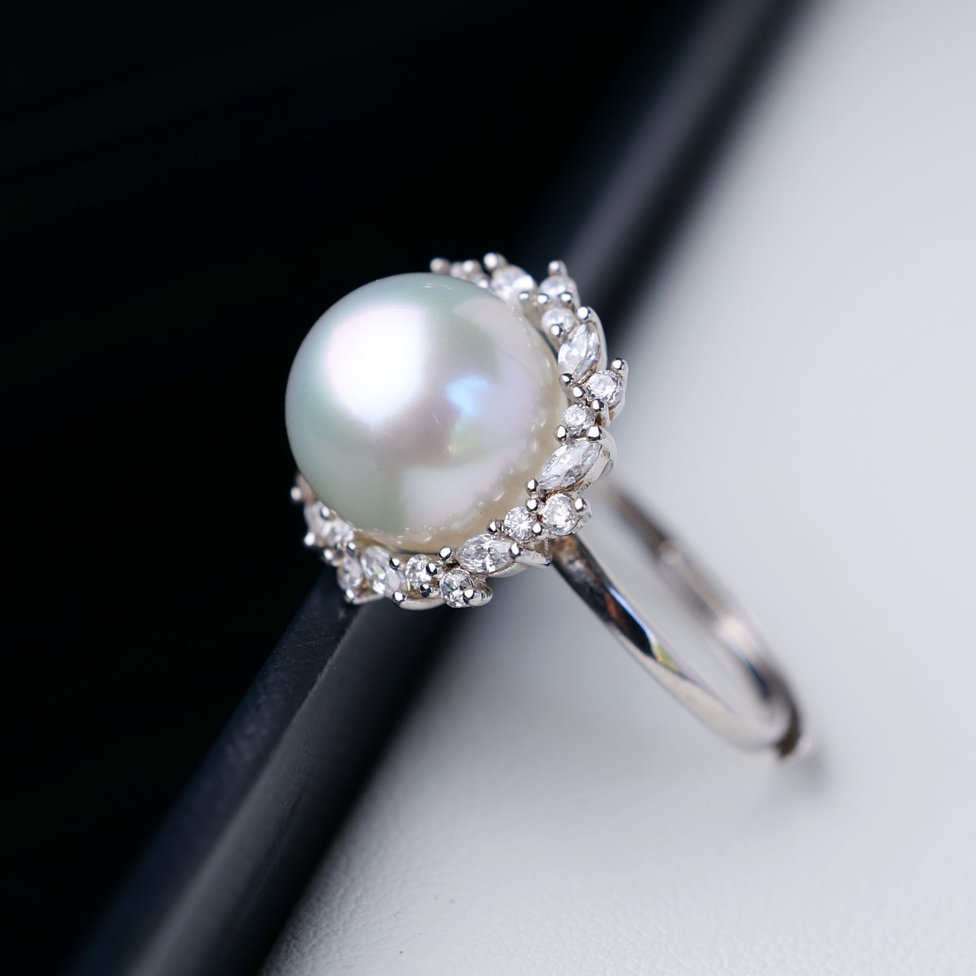 南洋澳白珍珠戒指10-11mm太阳花S925银托指环可调节*多样性发一