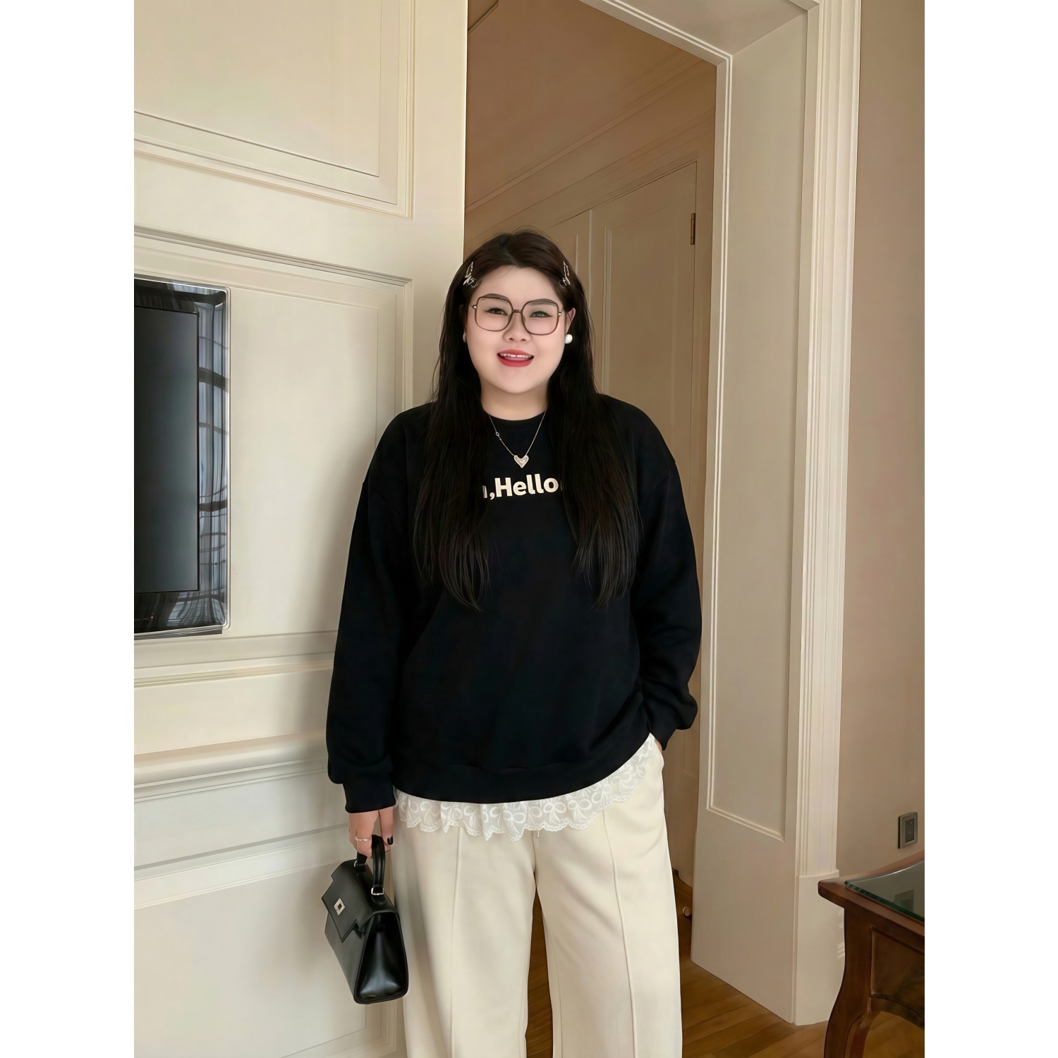 花契“仁川樱落”大码女装冬季百搭200斤胖mm时尚加绒卫衣16486-X