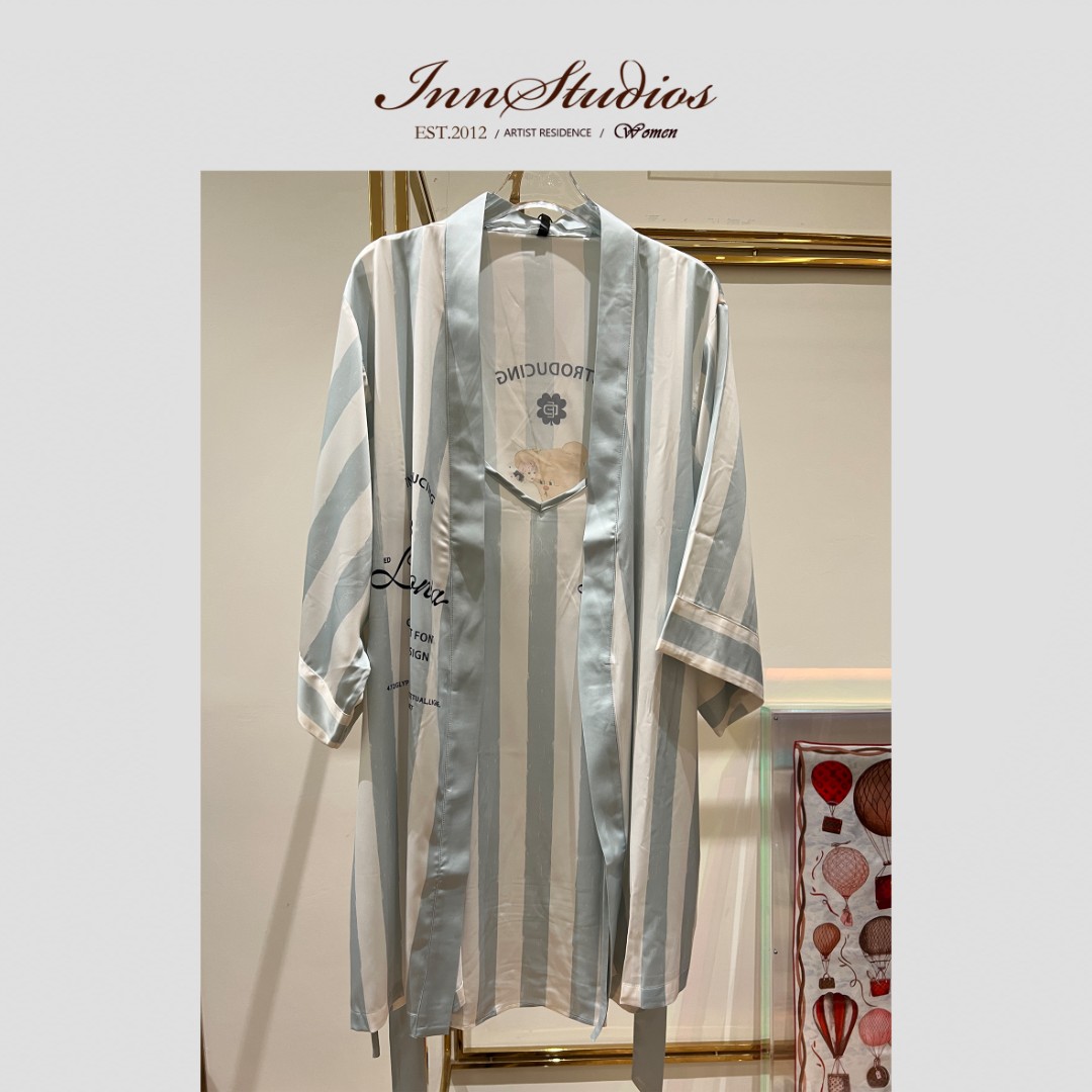 Innstudios 条纹小熊吊带裙睡袍套装