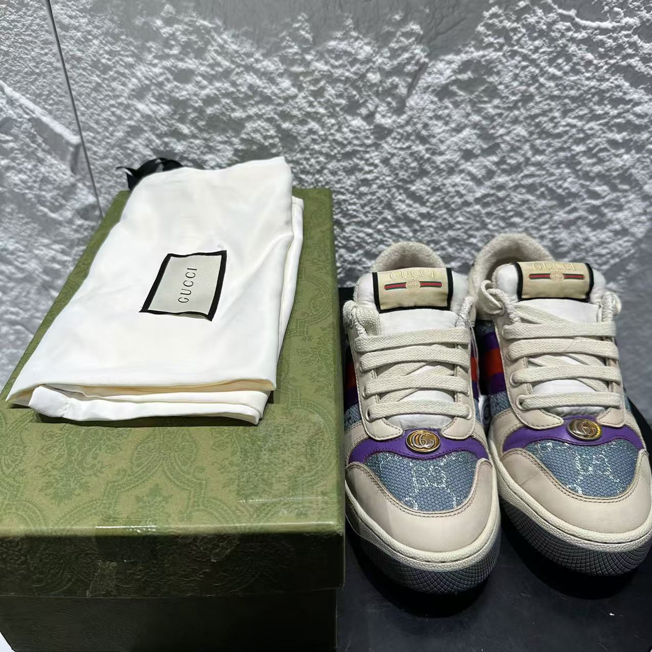 95新 GUCCI/古驰 36码/米亚/蓝紫色印花复古珐琅扣百搭脏脏鞋1218