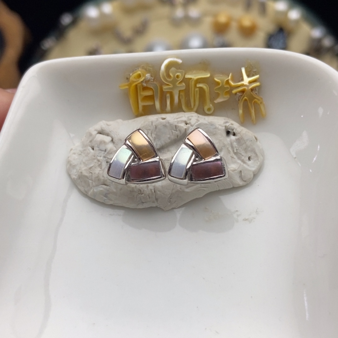 银S925镶嵌画框淡水珍珠炫彩淡水珍珠三角耳钉