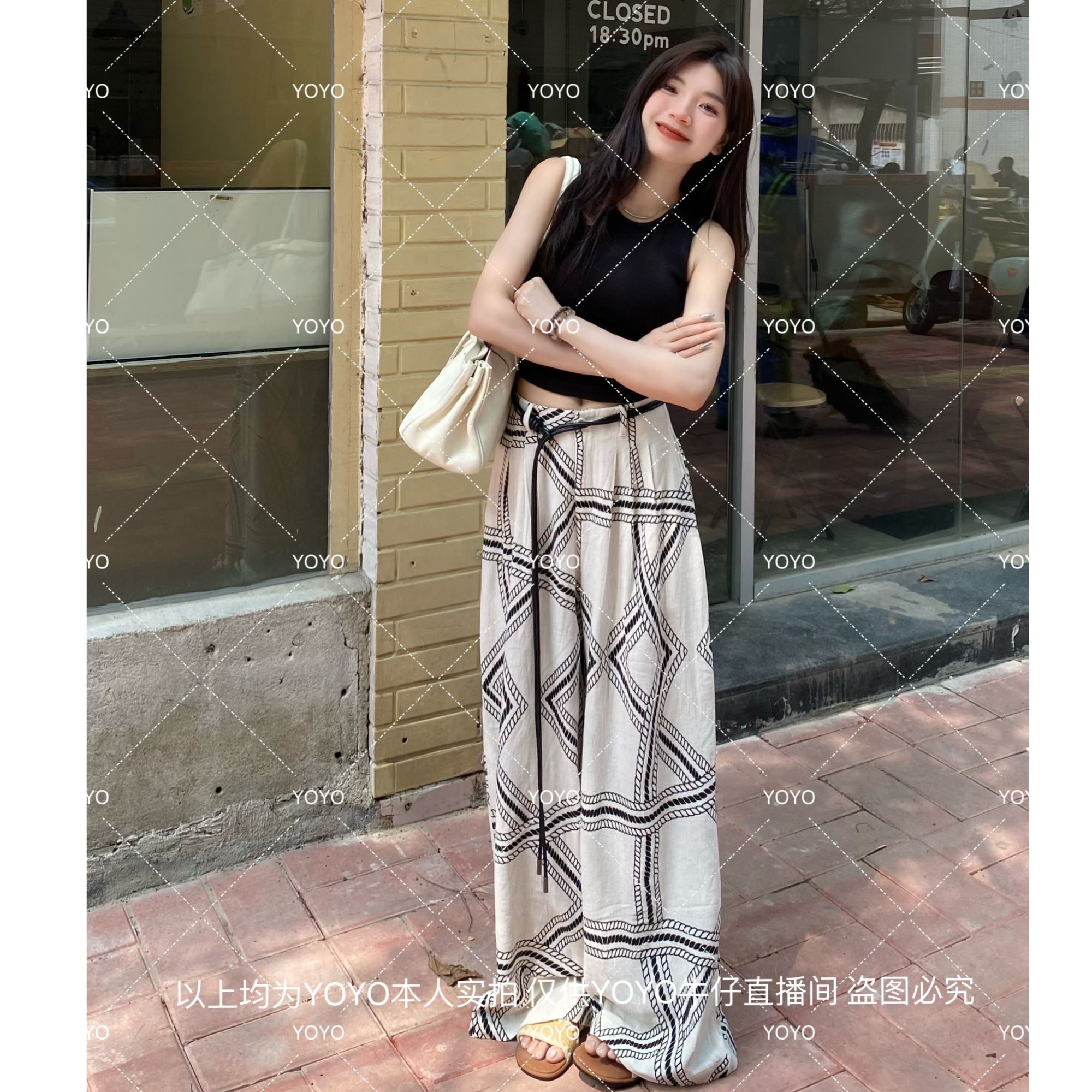娜娜自制【老钱风】夏季新款气质印花法式棉麻宽松阔腿拖地裤