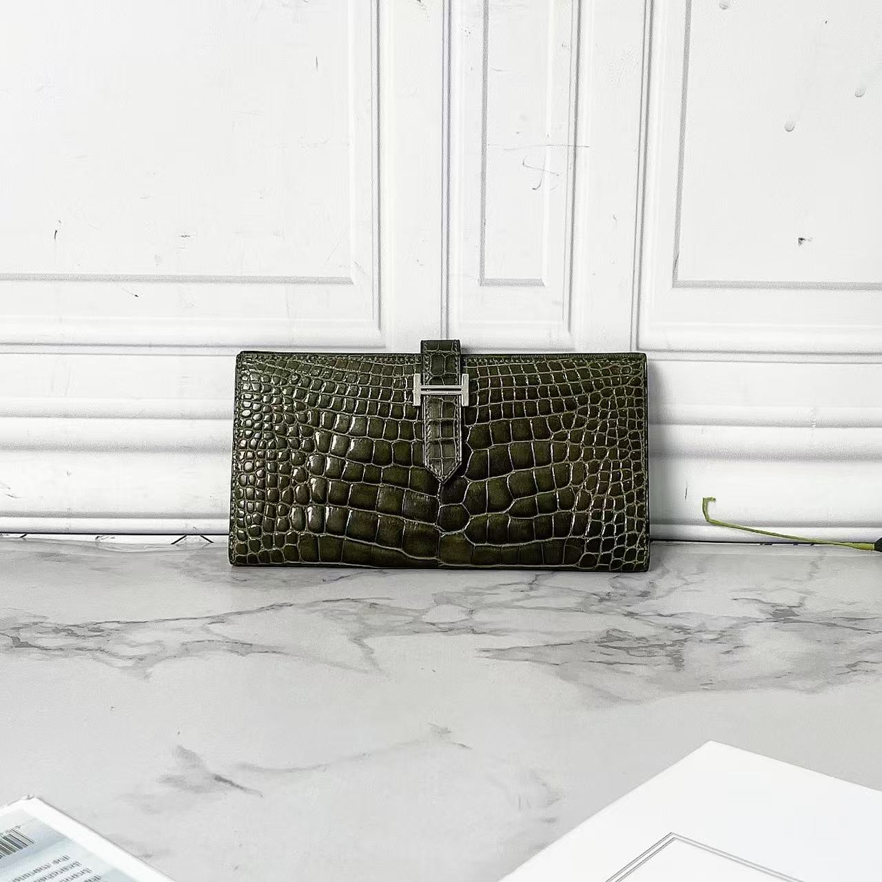 95新 Hermes/爱马仕 Hermes/爱马仕绿色亮面方块鳄鱼皮钱夹卡包 