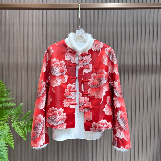 盛世牡丹 新中式新款国风新年服织锦提花加厚加棉短款洋气外套