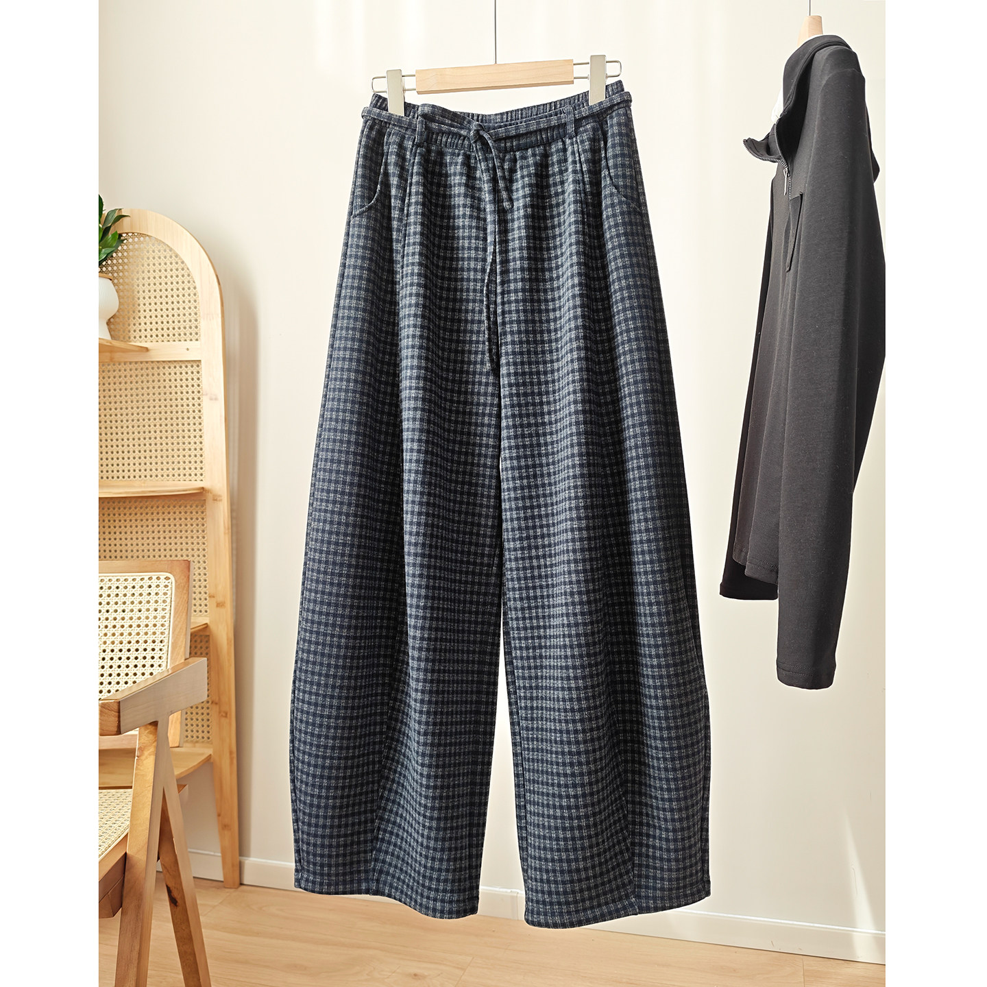 【肥肥格】大版型 500g 百搭格纹阔腿裤加绒 90459
