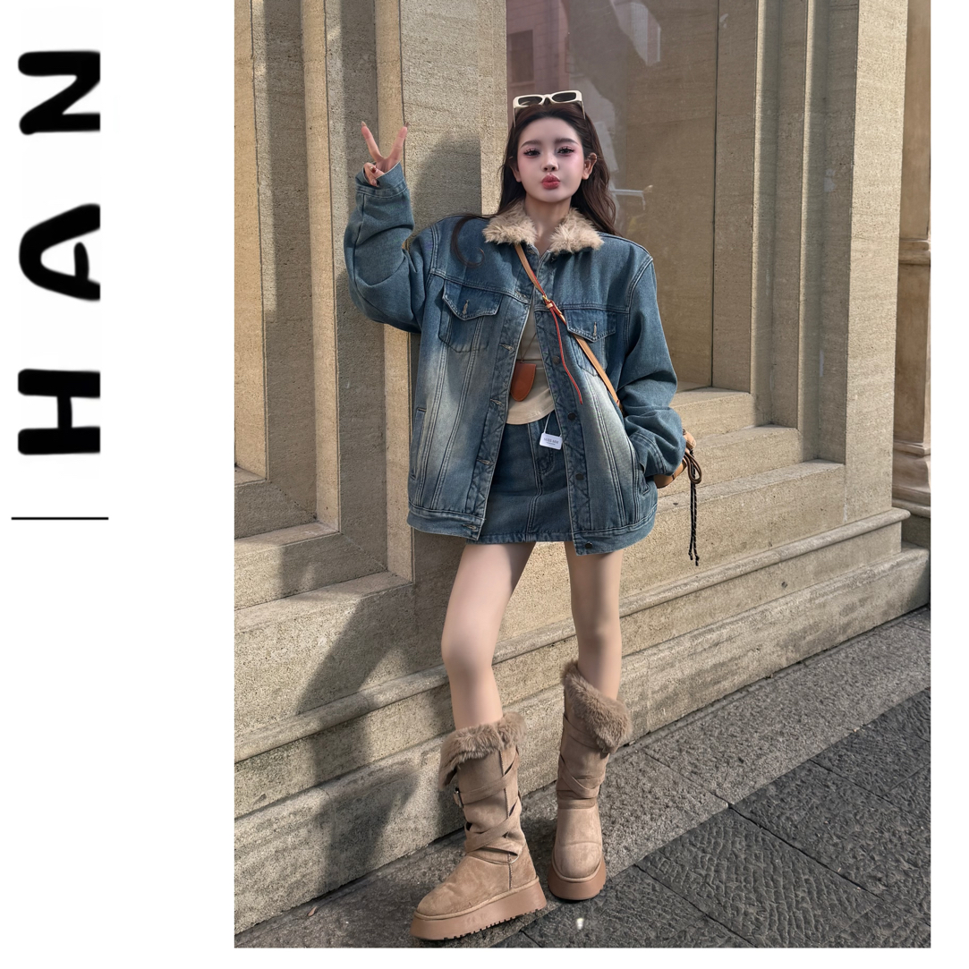 【贩卖复古】韩版新款复古水洗牛仔时尚加绒牛仔外套+高腰牛仔裙