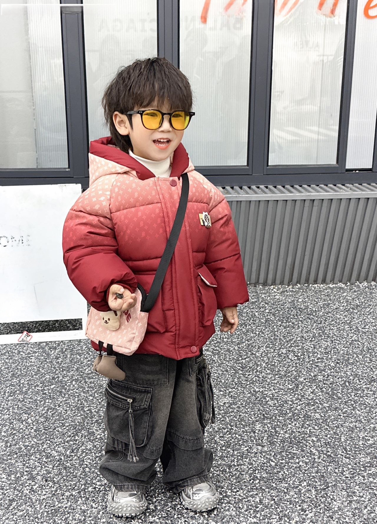 男童棉衣外套加绒加厚红色拼接带包韩版潮洋气保暖儿童连帽冬季