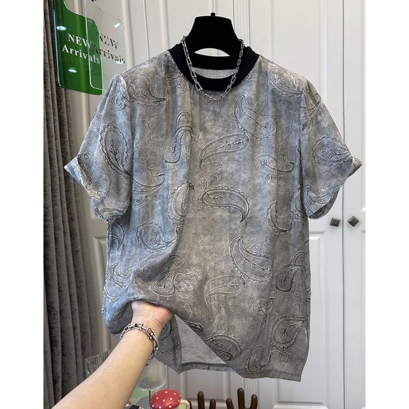 P0233高级感晕染提花刺绣短袖雪纺衫女上衣圆领撞色遮肉时尚夏款