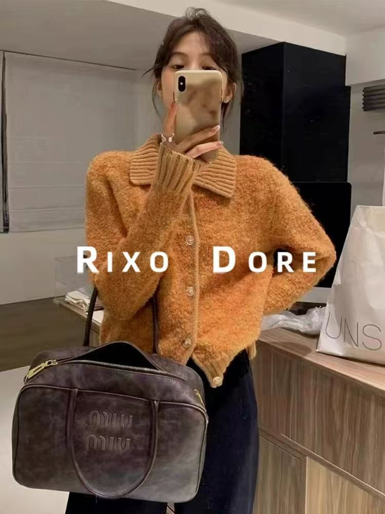 高品质翻领南瓜色开衫