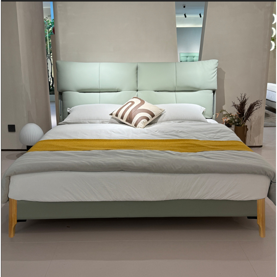 680#【全榫卯结构】保真头层牛皮主卧大床满铺实木框架皮床婚床极简