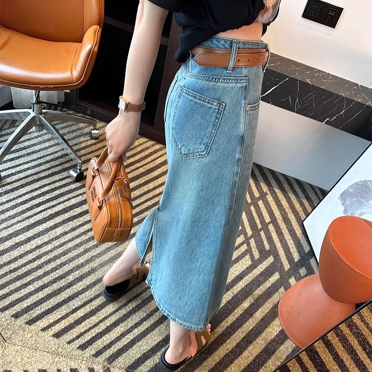 （广州薇姐）后开叉设计感牛仔半身裙2025夏季薄款女显瘦a字中长裙