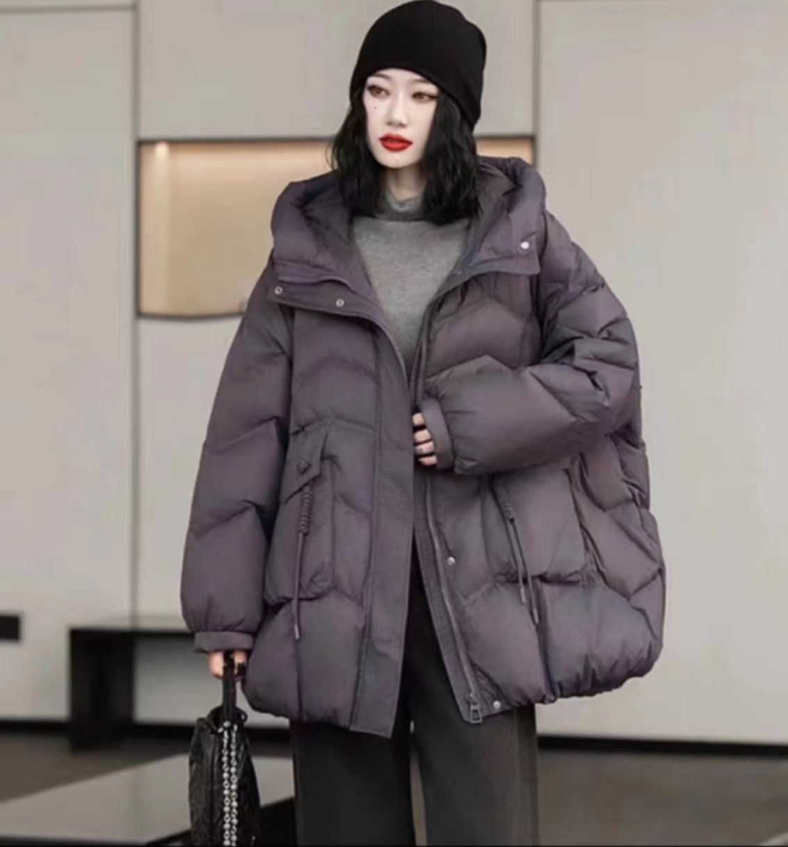 冬季加厚百搭韩版连帽中长款中老年宽松防寒保暖羽绒服外套