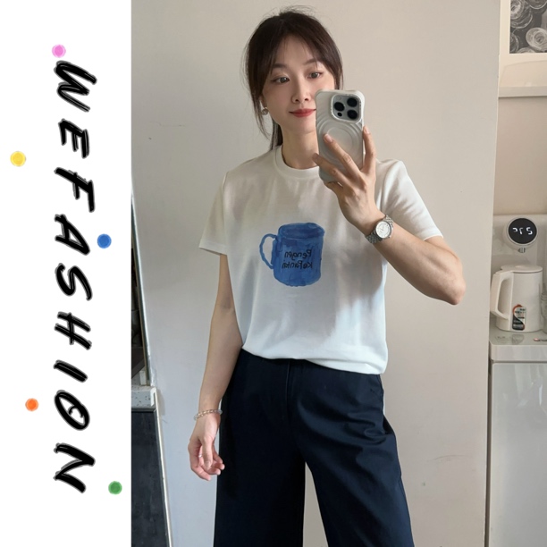 【WE】趣味水杯印花港风复古短袖T恤