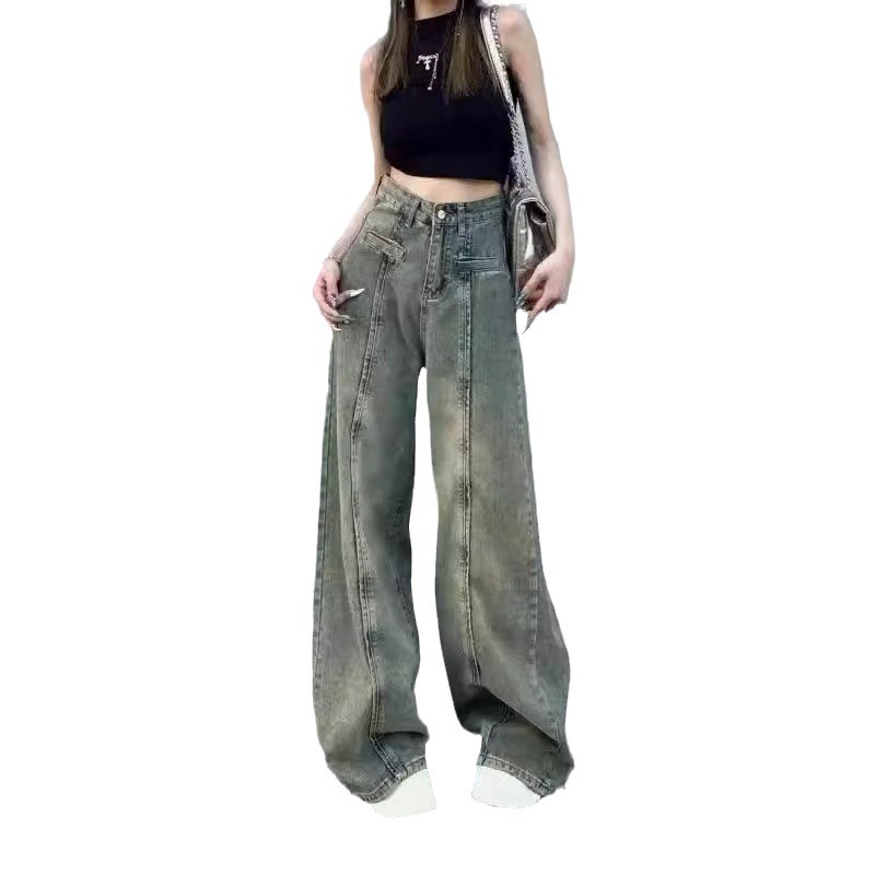 高腰女夏款拖地做旧长裤牛仔裤美式微喇高街阔腿复古港风显瘦宽松