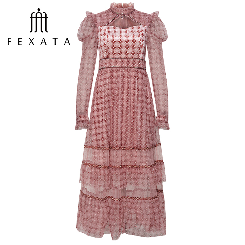 【达人专属】FEXATA斐格思连衣裙女复古红格网纱蛋糕裙长袖收腰
