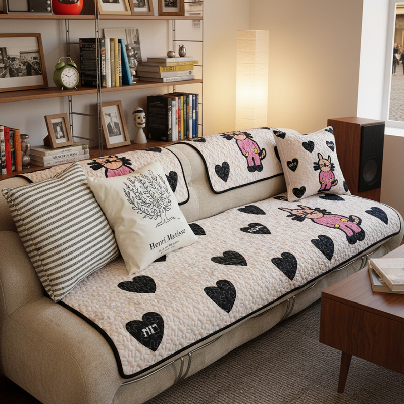 简约现代卡通猫咪爱心沙发垫夏天夏季款冰丝沙发坐垫防滑耐磨凉席