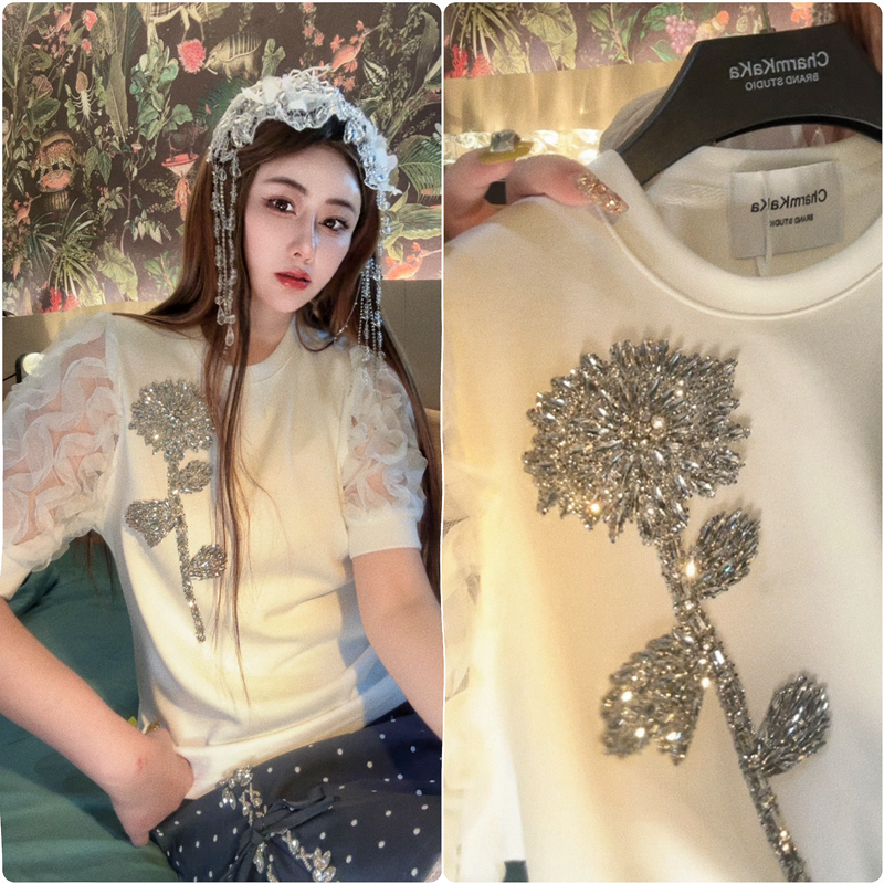 【迷途花径】62371重工水钻花朵泡泡袖短袖T恤