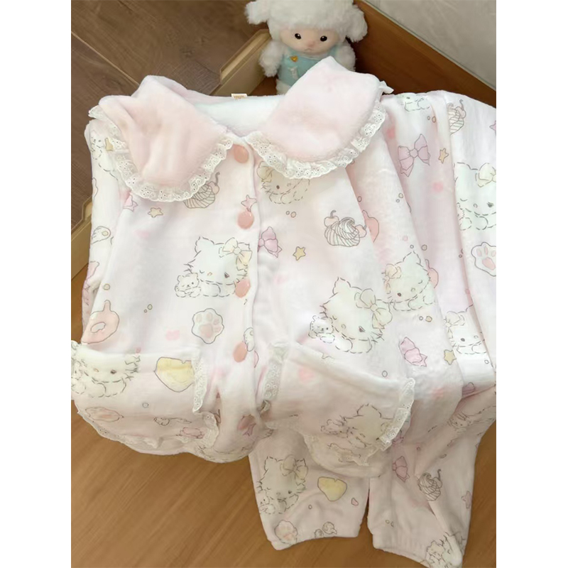 娃娃领粉色mikko睡衣女冬季法兰绒加绒加厚保暖珊瑚绒冬天家居服