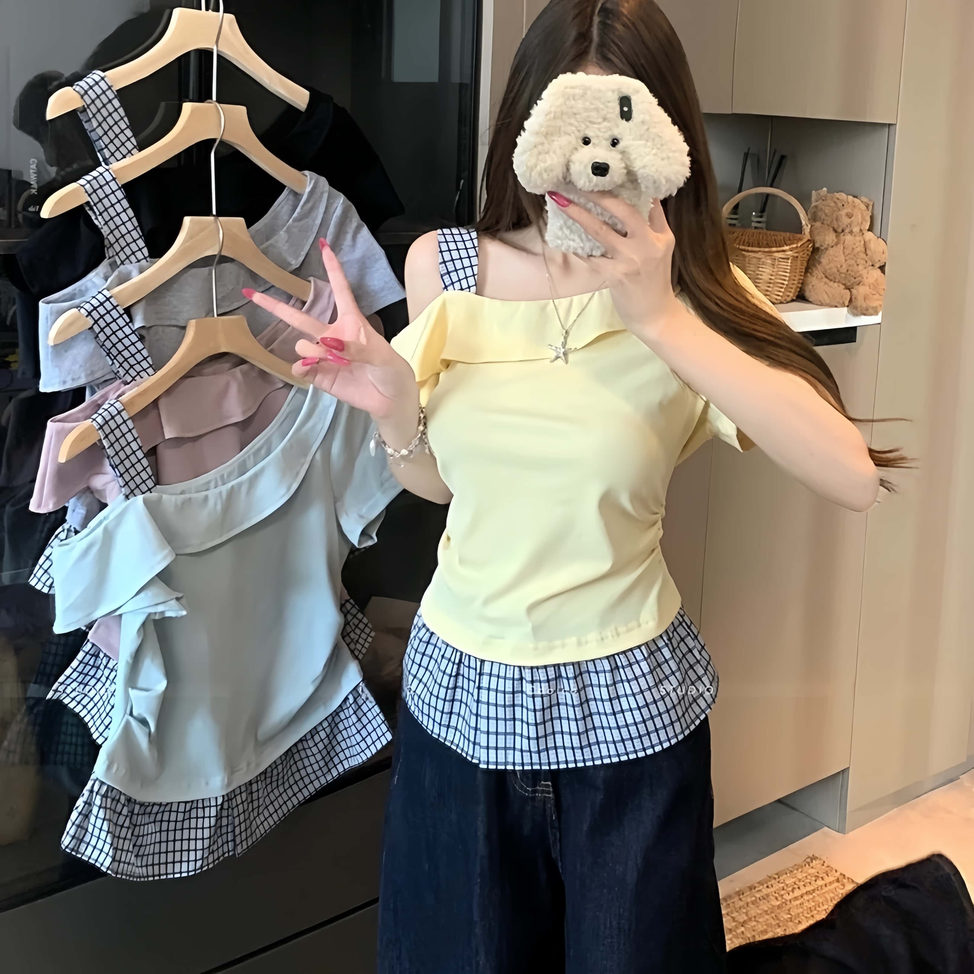 大码胖mm欧若风夏新款设计感不规则上衣修身显瘦短袖T恤格子拼接