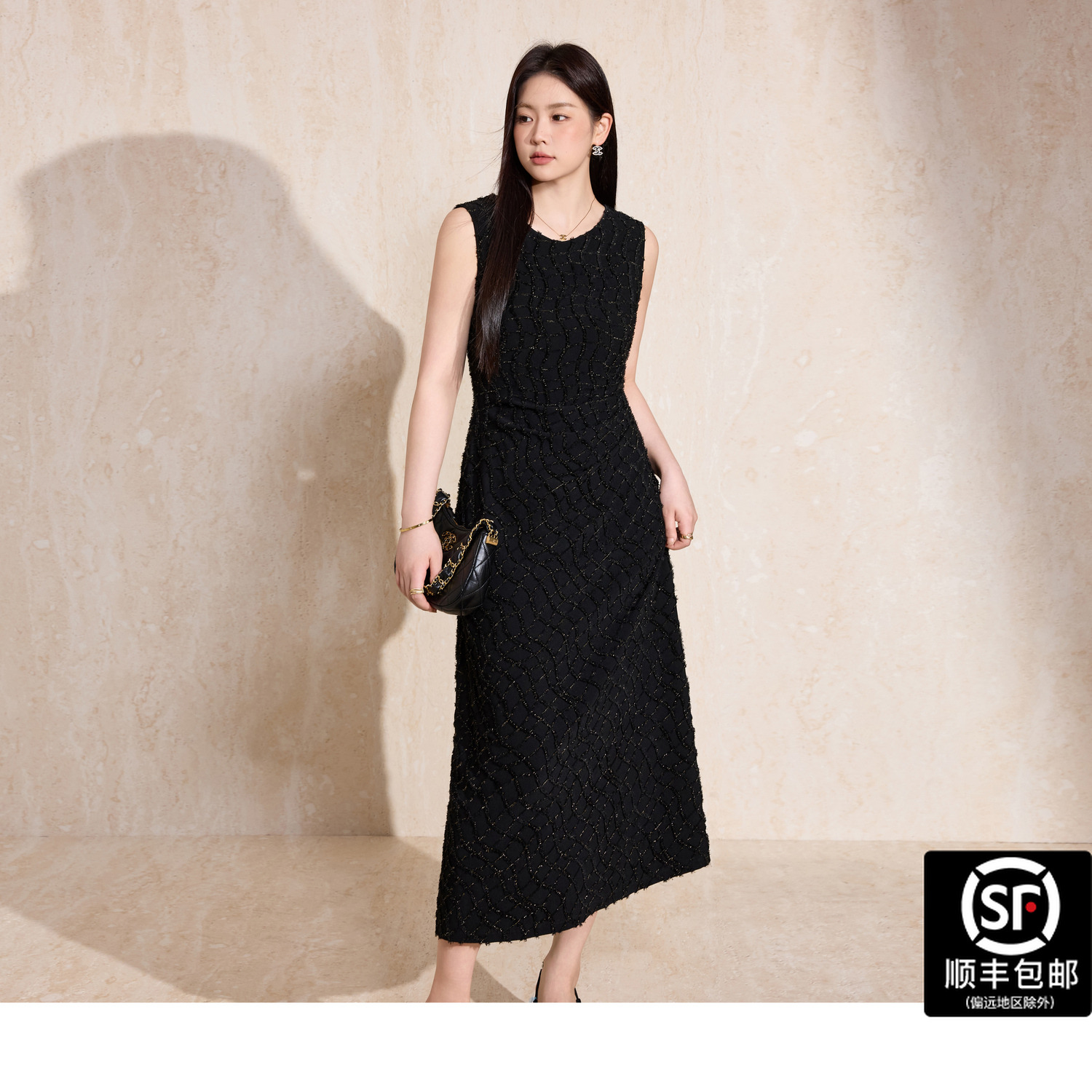 蓝语大码女装黑色立体流苏金丝线格纹圆领无袖连衣裙2025秋新款