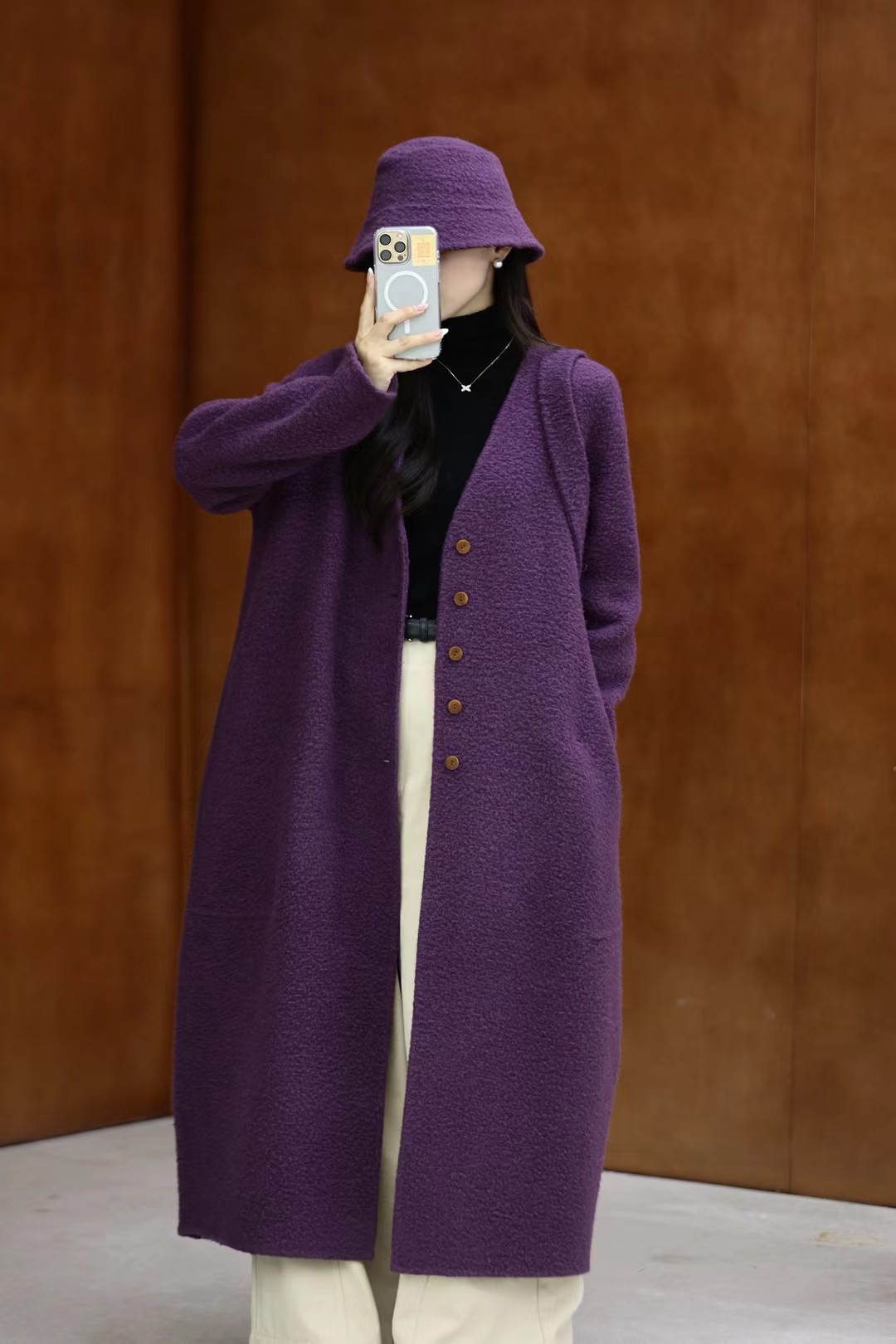 【88372】v领韩系女宽松苏丽大衣休闲洋气长款三件套毛呢外套花苞型