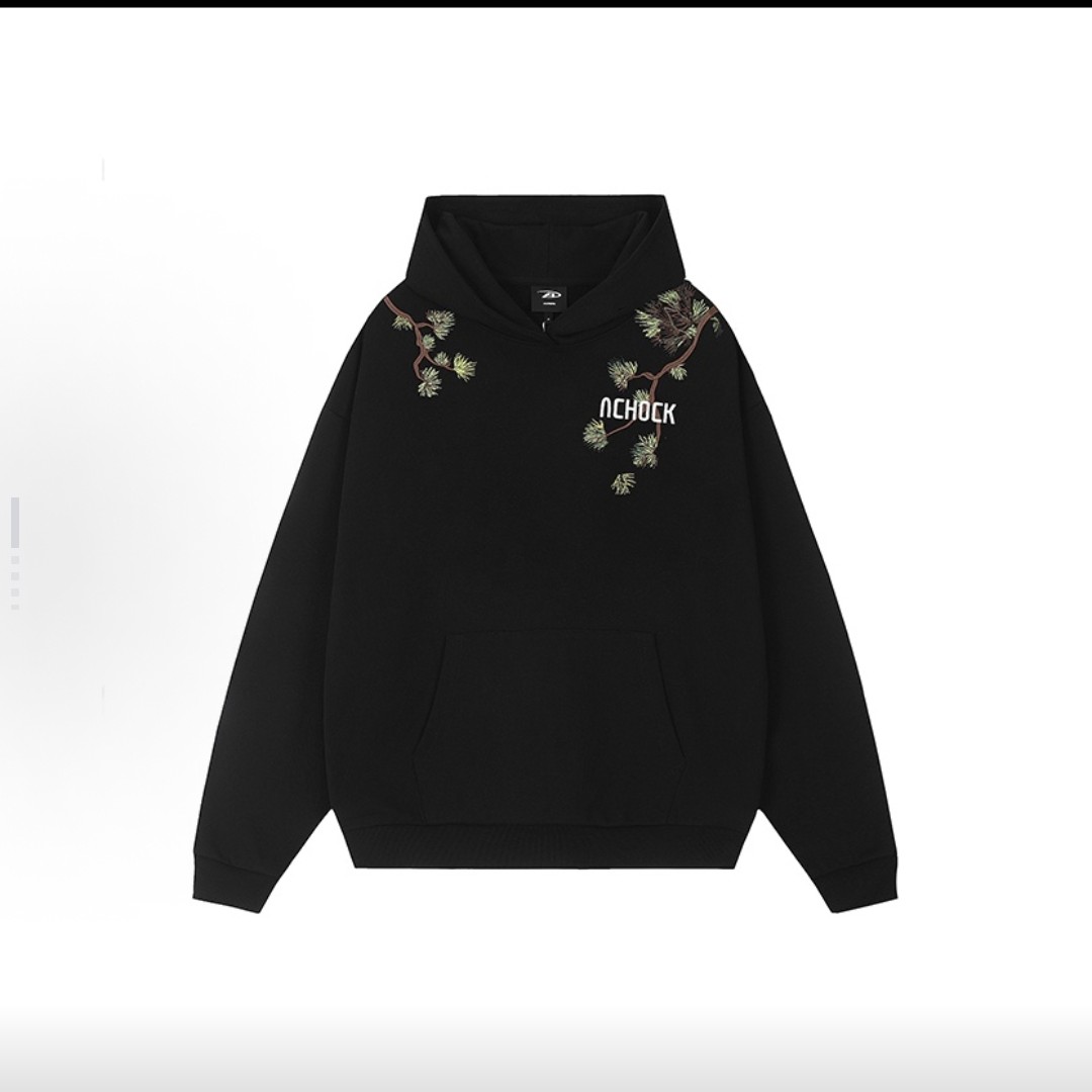 美式复古街头迎客松套头刺绣宽松连帽长袖卫衣 男女同款