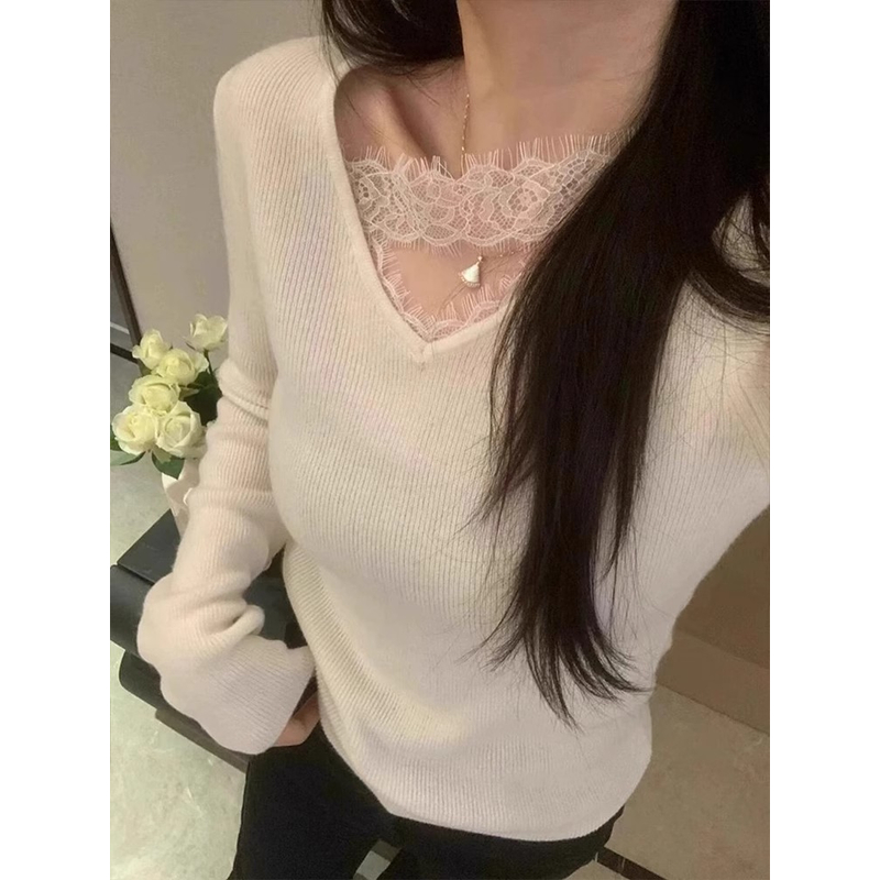网红法式洋气蕾丝v领针织衫上衣服女装秋冬气质内搭修身打底毛衣
