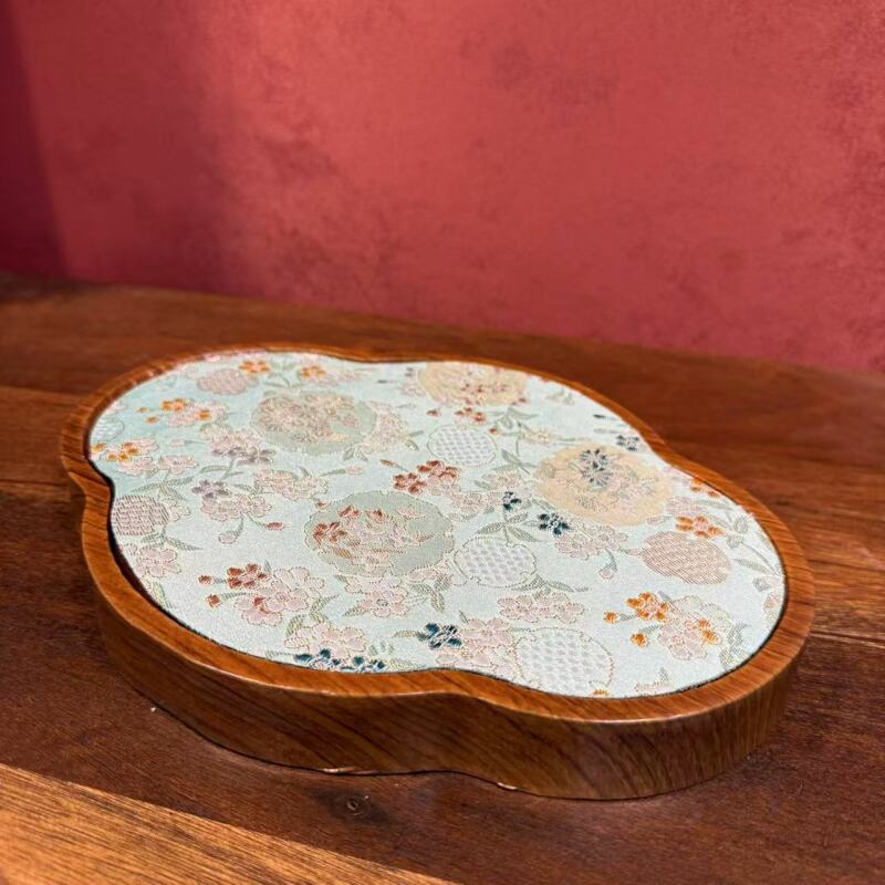 木纹棕色海棠干泡盘+双面茶巾（海棠）-蓝绿-1953