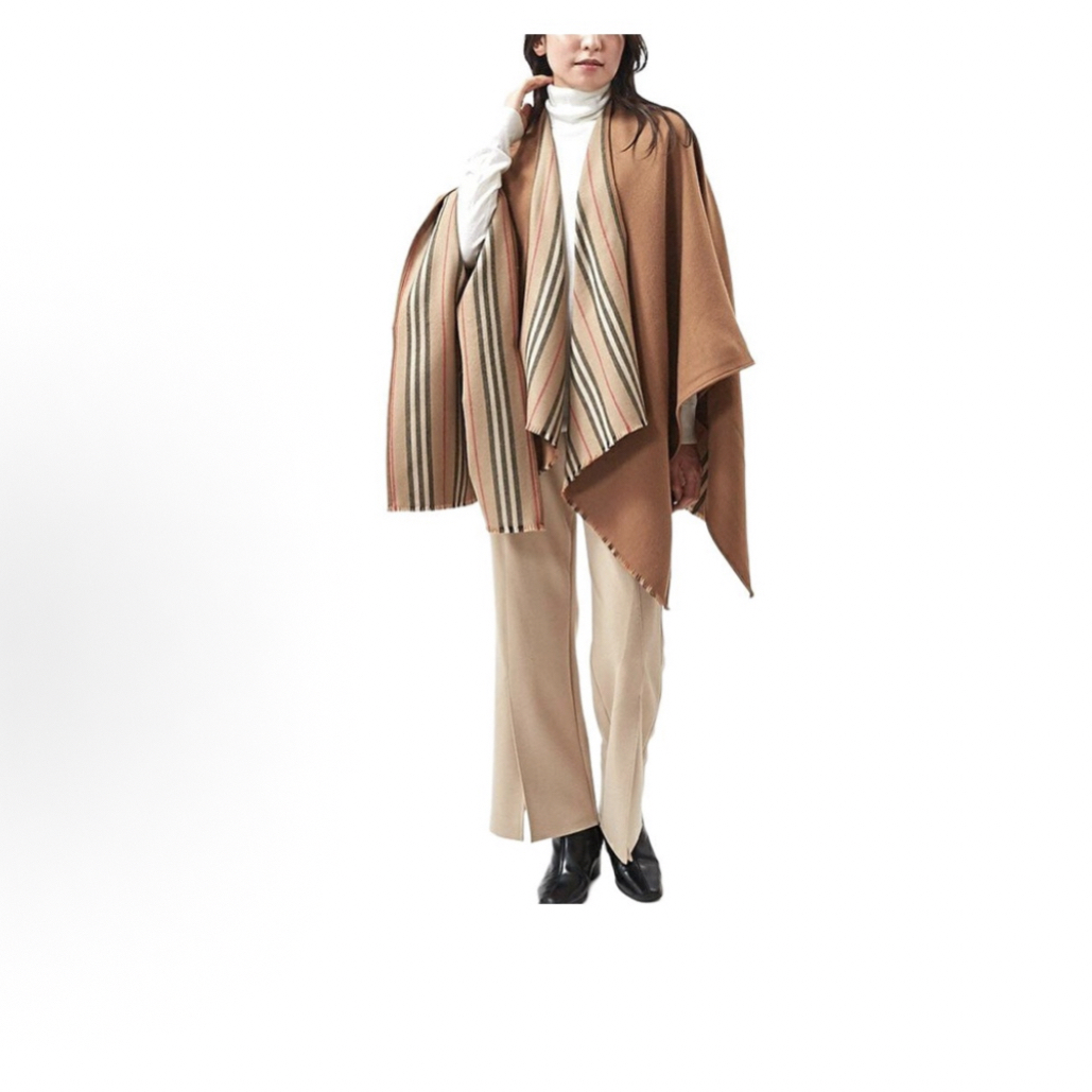 99新 BURBERRY/博柏利 流苏条纹斗篷披风棕色/130*130/D02008