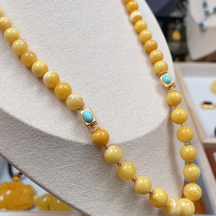 琥珀珠宝奇石银S925镶嵌白花蜜小塔链