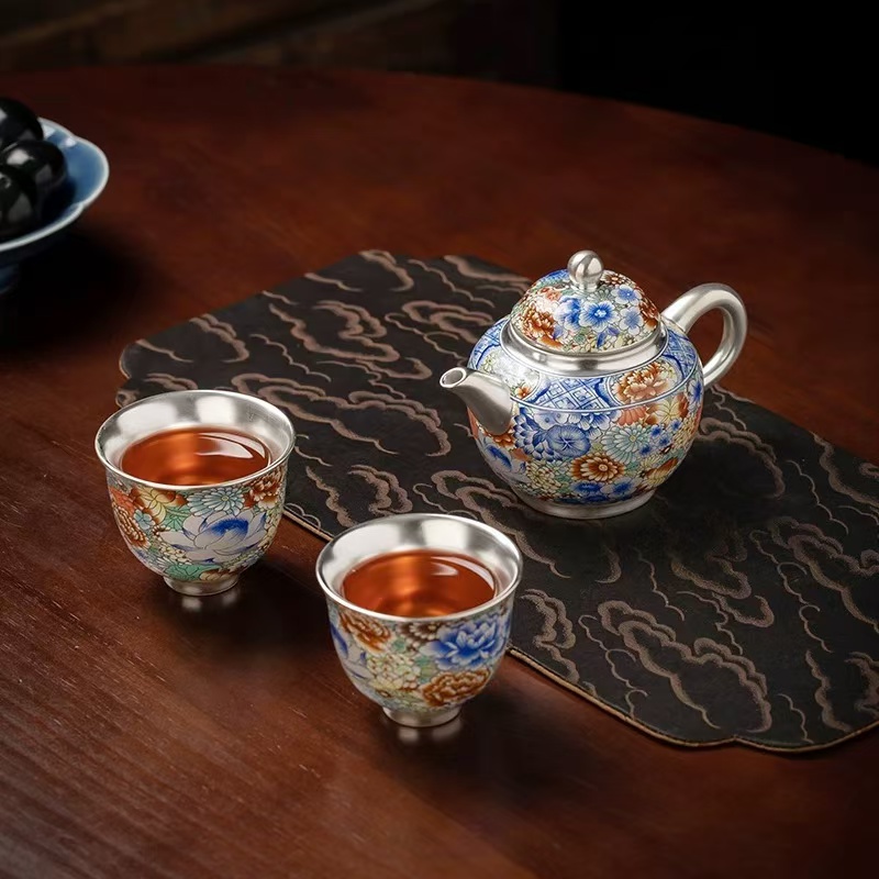 皇杰造物炫彩皮球花银壶两杯加茶盘