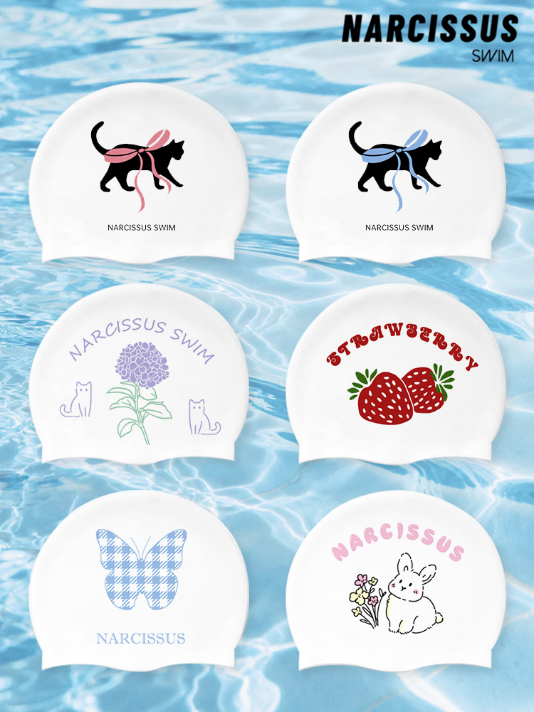 水仙SWIM小黑猫可爱卡通硅胶加大不勒头游泳防水护耳女生护发泳帽