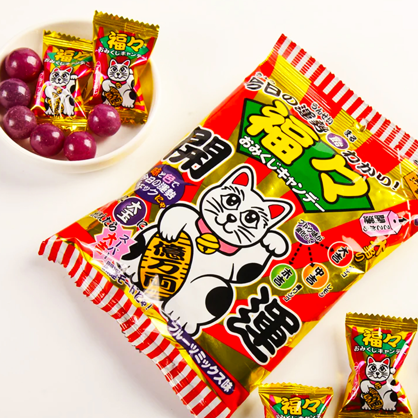 日本进口卡昵诗八尾招财猫图案变色水果硬糖休闲零食运势占卦喜糖