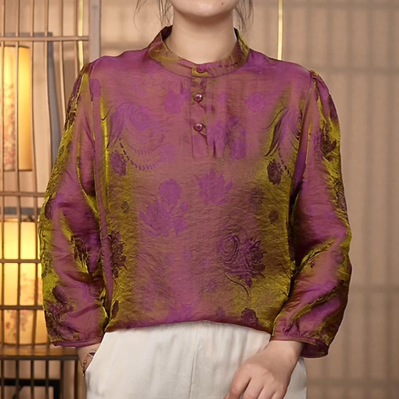 【255浮光锦】薄款立领常规款斜襟上衣宽松长袖拼接重磅常规套头