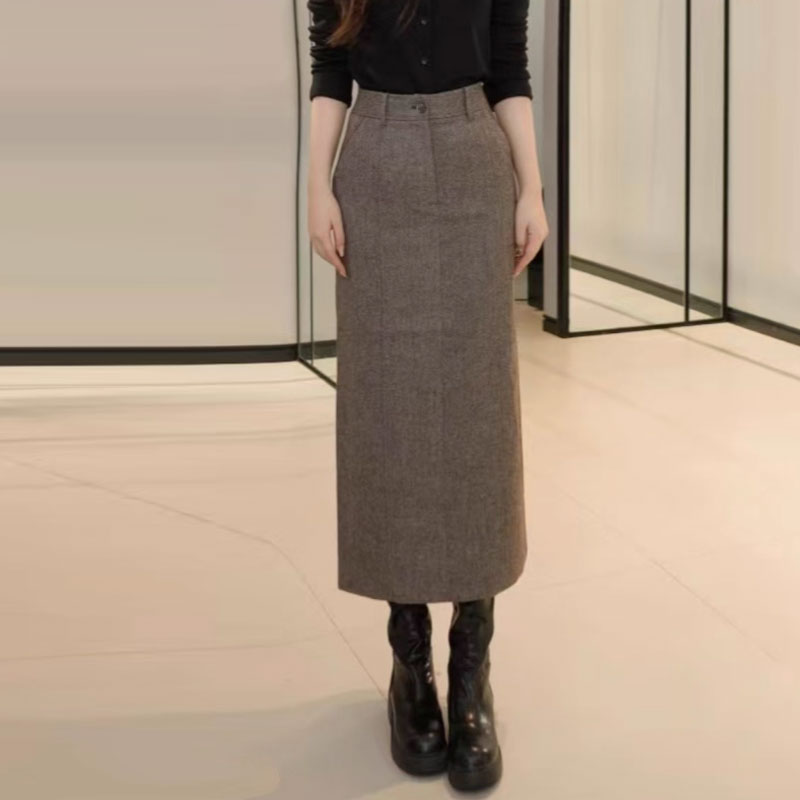 【商场同款】秋冬新款时尚通勤高腰一粒扣包臀羊毛半身长裙120063