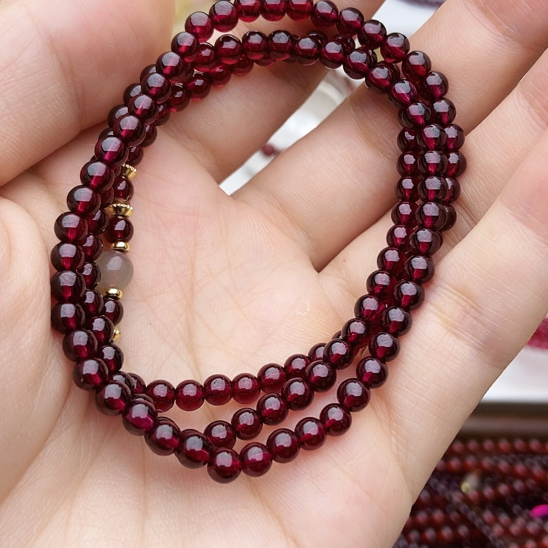 未镶嵌石榴石手链4.5玫红三圈