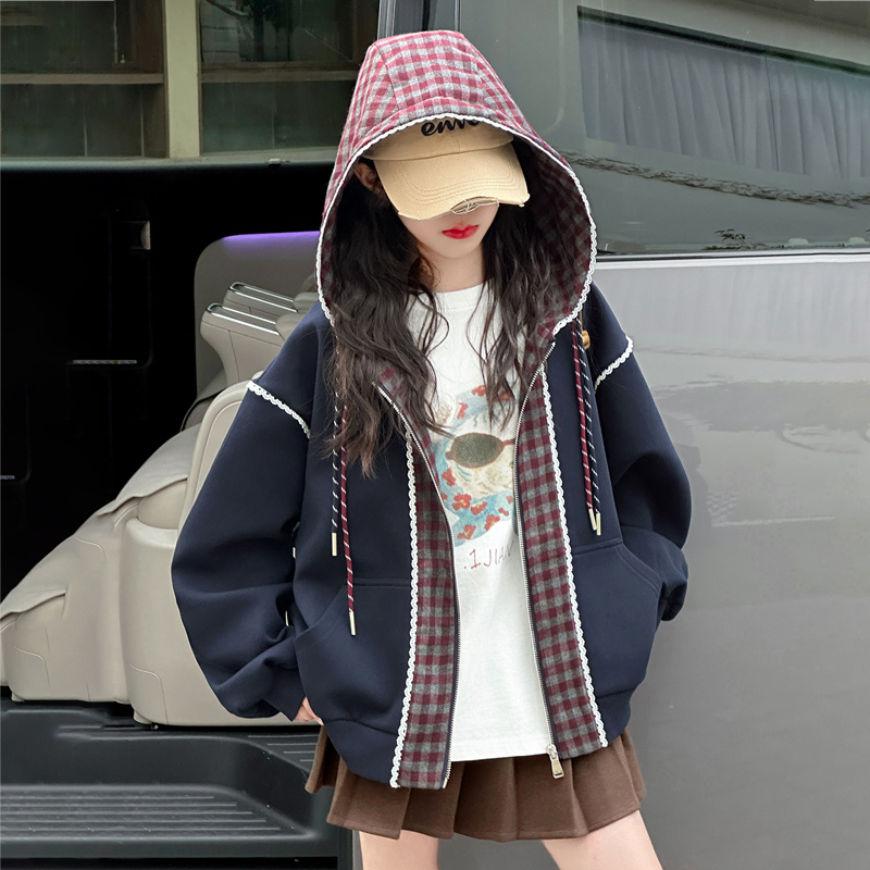 女童假两件外套2025新款秋款上衣中大童小女孩洋气潮时尚连帽儿童
