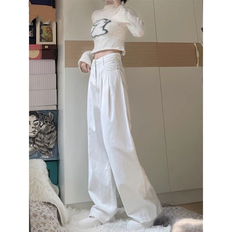 白色高腰阔腿牛仔裤女高街春季新款宽松显瘦百搭直筒拖地裤潮ins