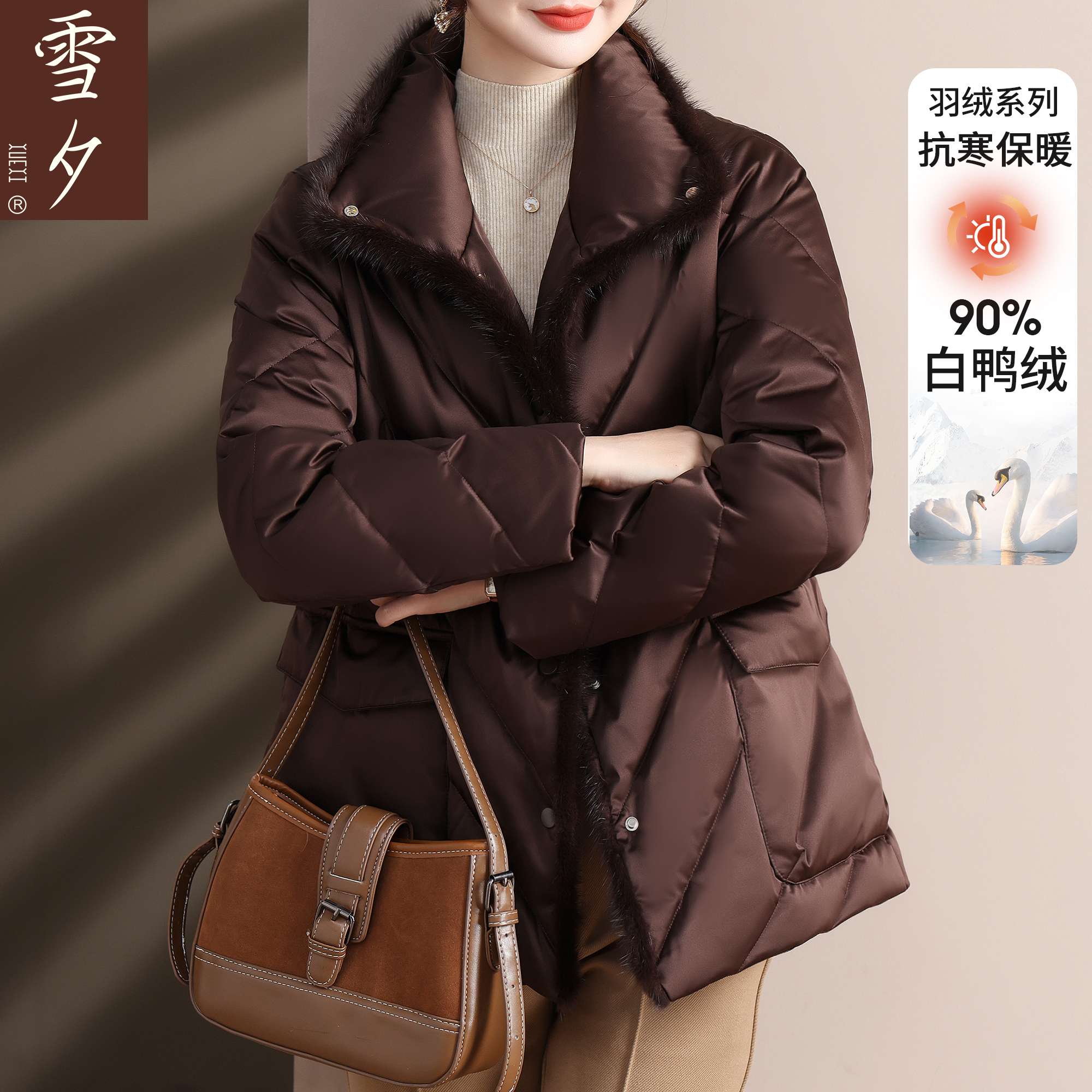 妈妈装冬装保暖外套2025新款中老年女装短款羽绒服仿水貂毛领50多