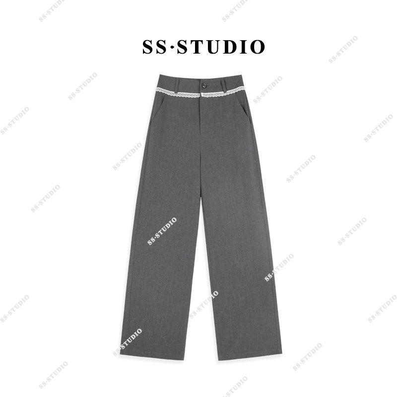 【SUSU】（配腰带）蕾丝花边拼接高腰显瘦休闲百搭直筒裤SS-5077
