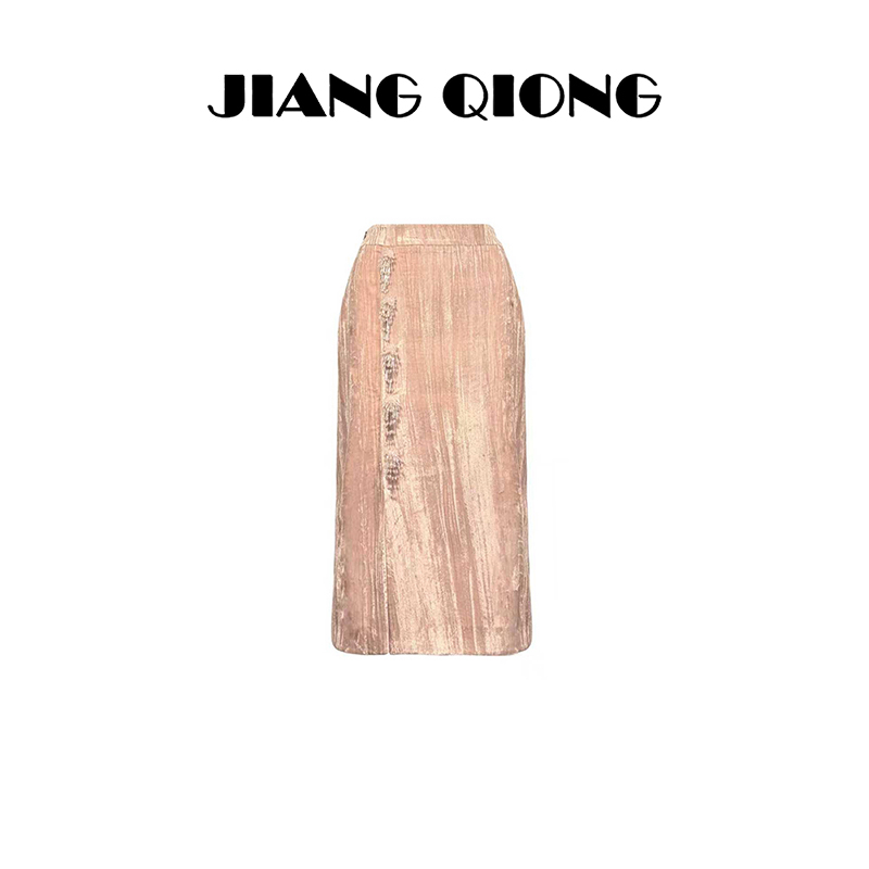 姜穹JIANGQIONG珠绣流苏团花装饰直筒丝绒半身裙