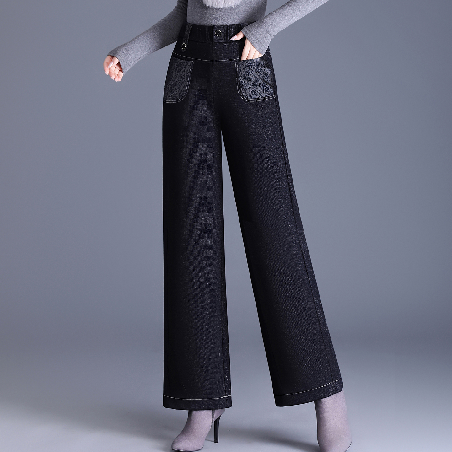 蚕丝外穿阔腿棉裤2026冬新款高腰松紧腰保暖莱赛尔天丝牛仔裤长裤