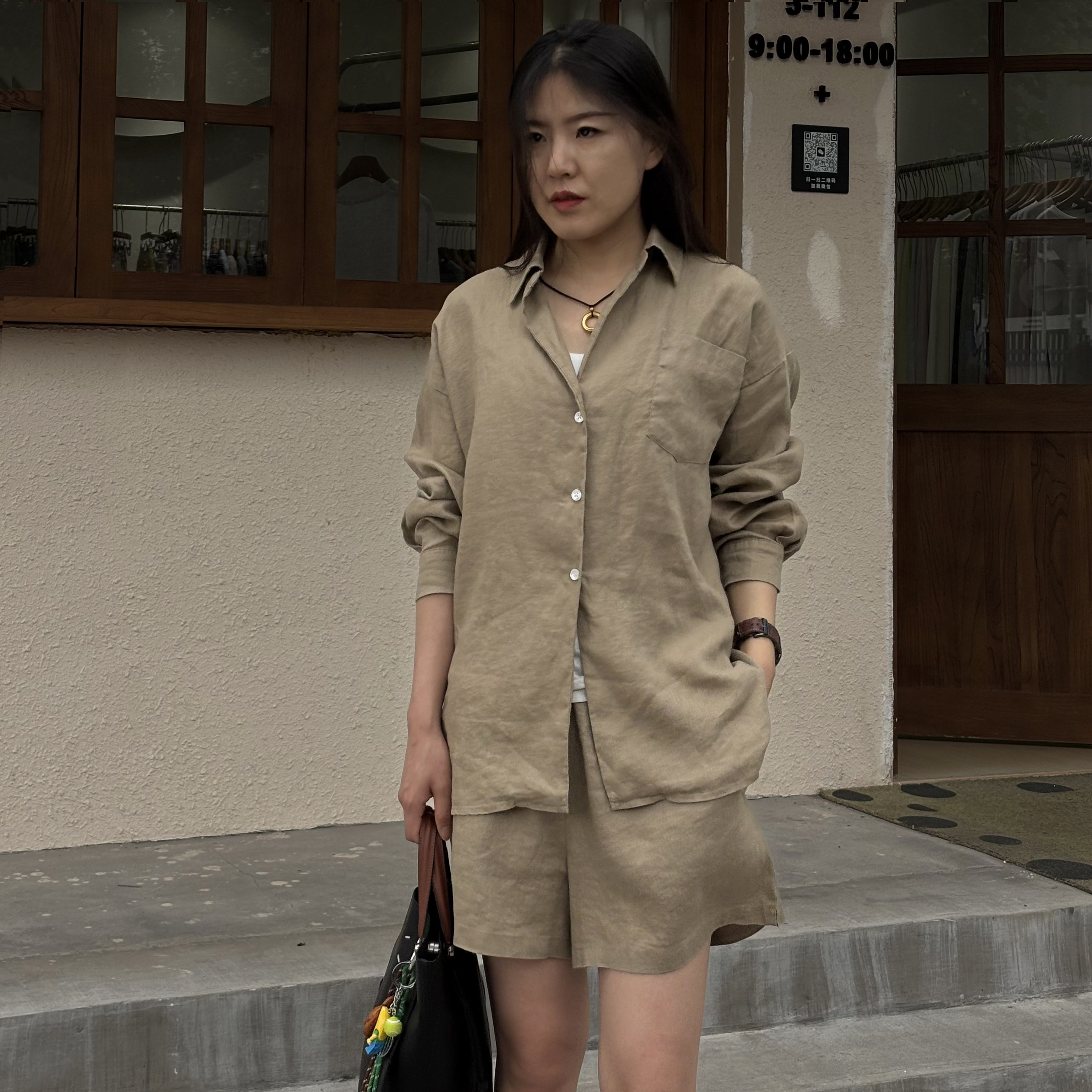 sugiseolryeon17支100%超细纱线 亚麻衬衣套装 修身衬衣短裤套装