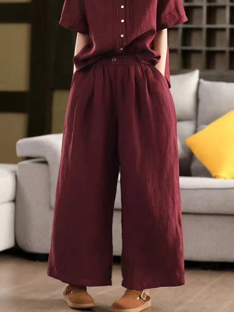 色织亚麻松紧腰百搭宽松显瘦直筒阔腿长裤女SP 1088